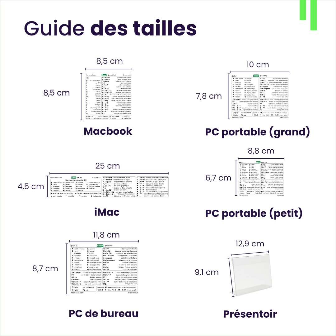 Guide des tailles des autocollants Excel Memocut pour Mac, PC et iMac.