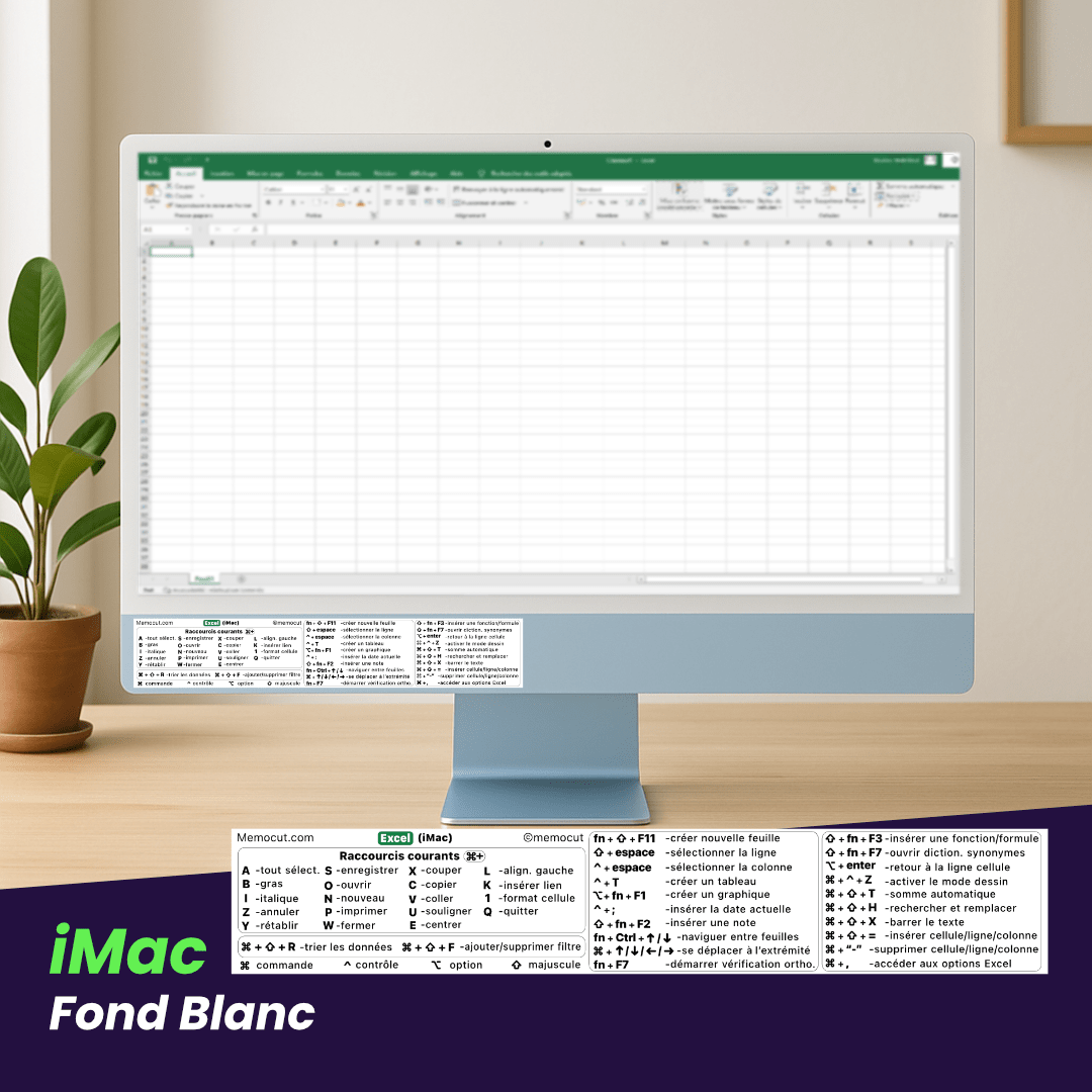 Autocollant Excel fond blanc sur iMac, raccourcis clavier en français