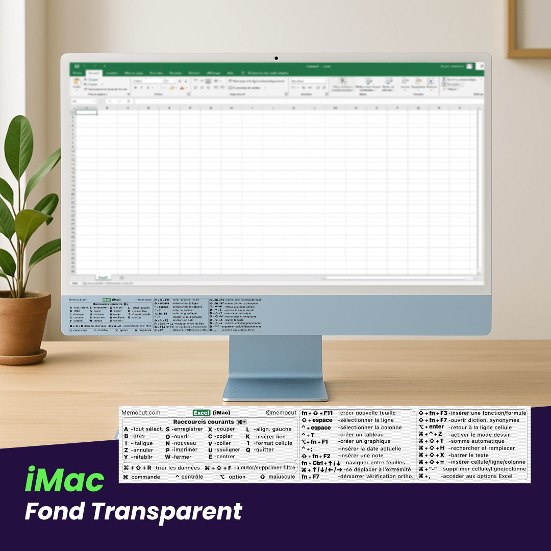 Autocollant Excel fond transparent pour iMac, raccourcis clavier visibles