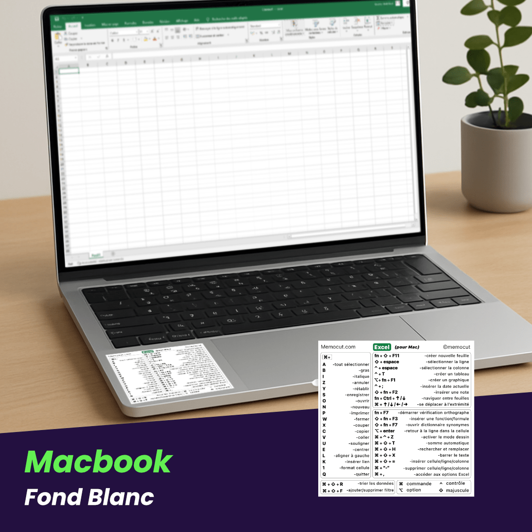 Autocollant Excel fond blanc pour MacBook, aide-mémoire raccourcis clavier