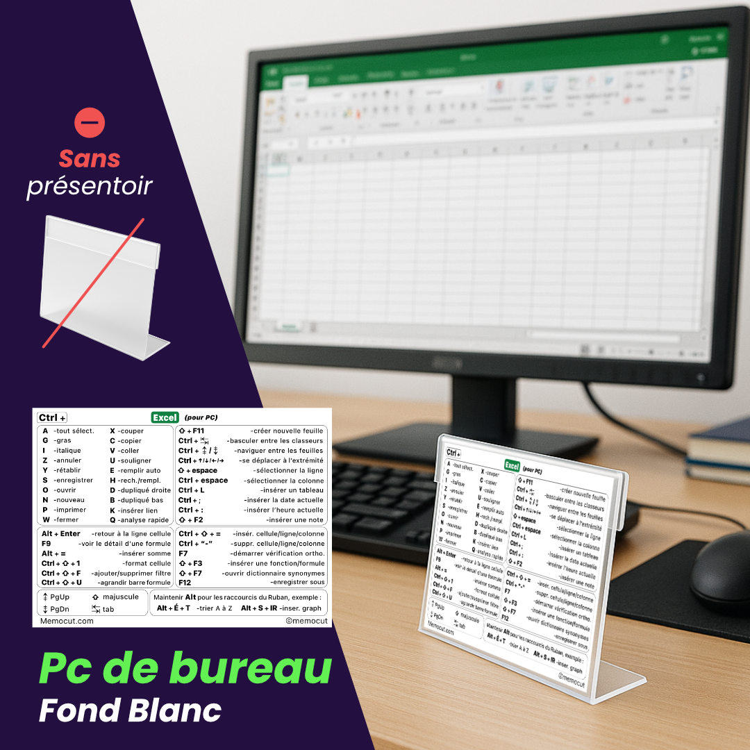 Autocollant Excel fond blanc sur PC de bureau, raccourcis clavier en français