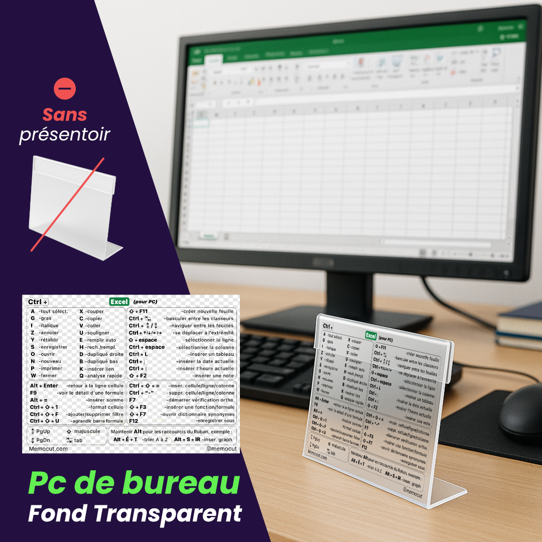 Autocollant Excel fond transparent sur PC de bureau, raccourcis clavier en français
