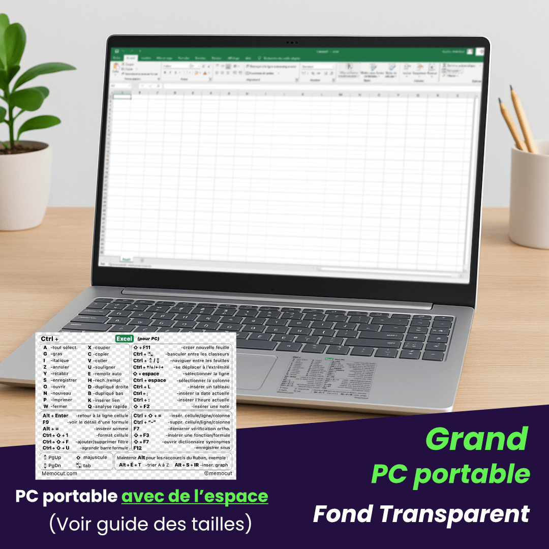 Autocollant Excel Memocut transparent pour grand PC portable.