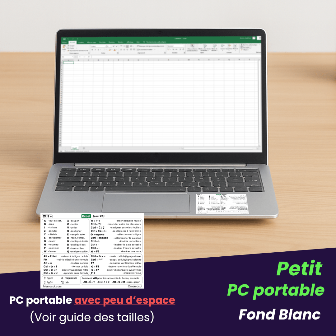 Autocollant Excel fond blanc pour petits PC portables, raccourcis clavier