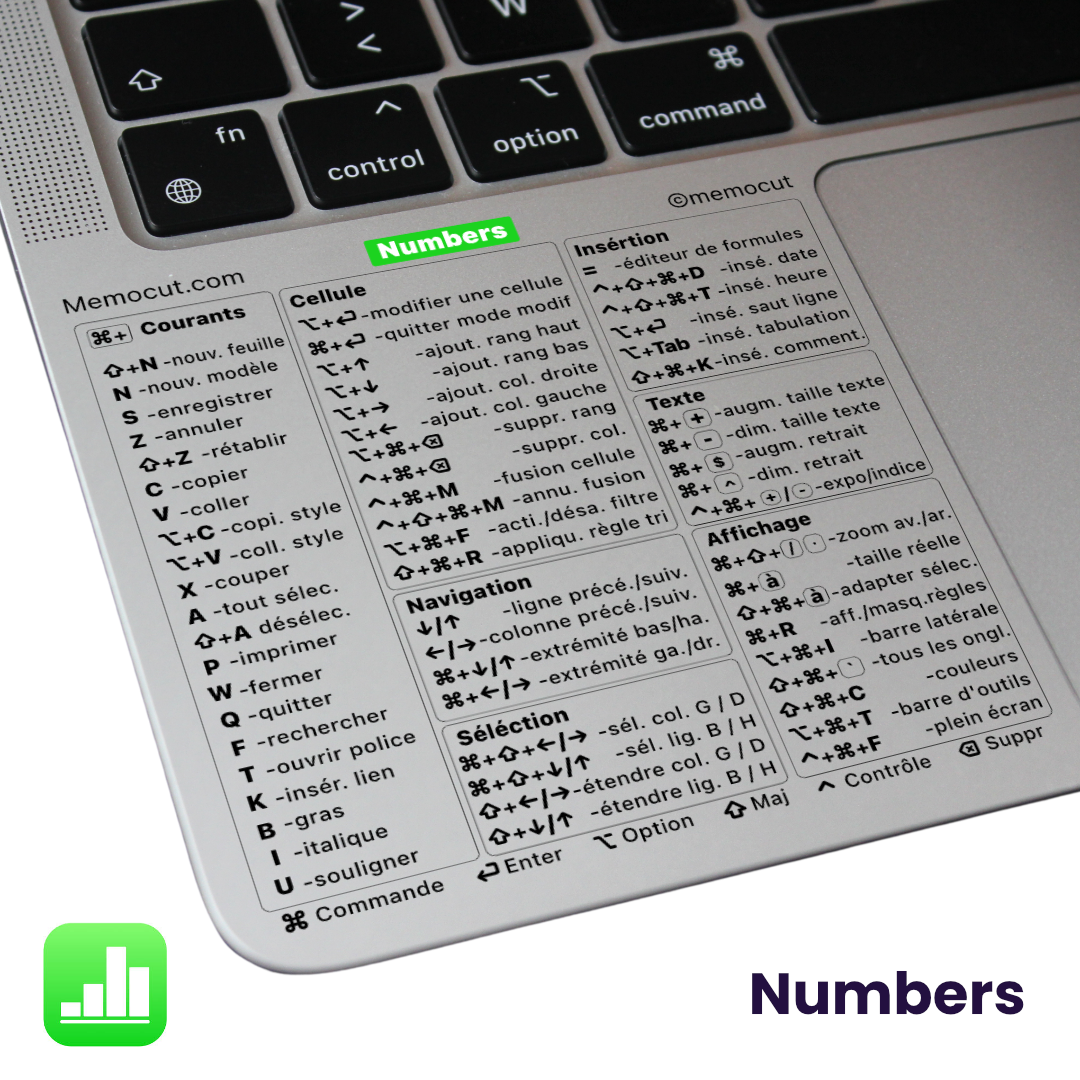 Numbers MacBook | Autocollant Raccourcis Clavier