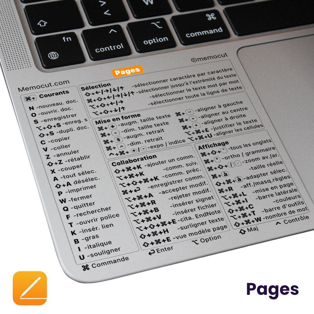 Pages MacBook | Autocollant Raccourcis Clavier