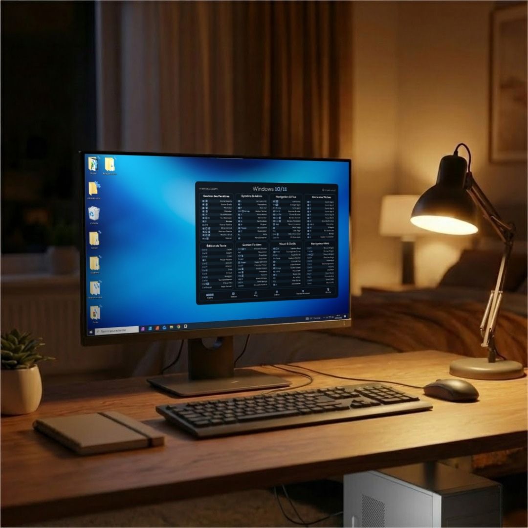 Fond d'écran de raccourcis clavier Windows 10 et 11 affiché sur un écran d'ordinateur