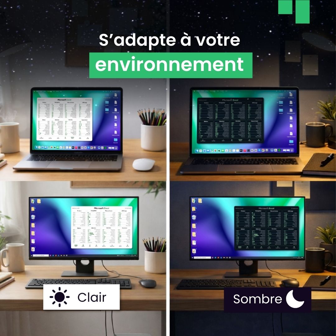 Comparatif des versions claire et sombre du fond d'écran de raccourcis clavier Excel sur Windows et macOS