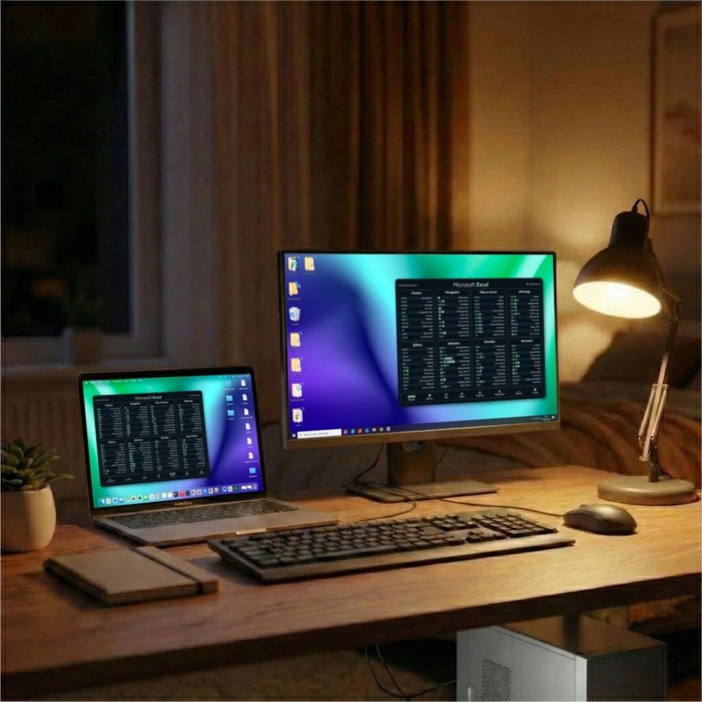 Fond d'écran de raccourcis clavier Excel affiché sur un MacBook et un écran Windows