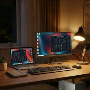 Fond d'écran de raccourcis clavier PowerPoint affiché sur un MacBook et un écran Windows