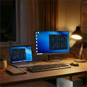 Fond d'écran de raccourcis clavier Word affiché sur un MacBook et un écran Windows