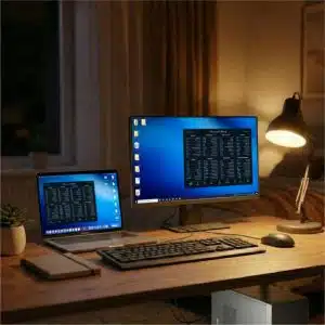 Fond d'écran de raccourcis clavier Word affiché sur un MacBook et un écran Windows
