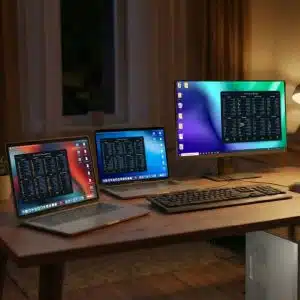 Pack Microsoft Office avec fonds d'écran de raccourcis clavier Excel, Word et PowerPoint affichés sur trois écrans