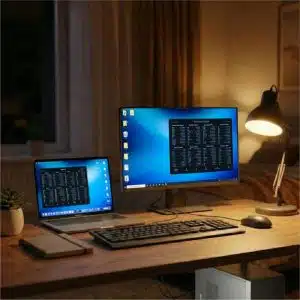 Pack système avec fonds d'écran de raccourcis clavier Windows et macOS affichés sur deux écrans