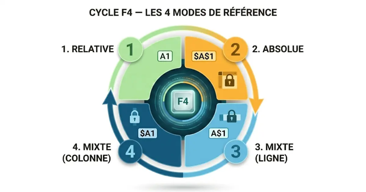 Schéma du cycle F4 dans Excel : les 4 modes de référence (relative A1, absolue $A$1, mixte ligne A$1, mixte colonne $A1)