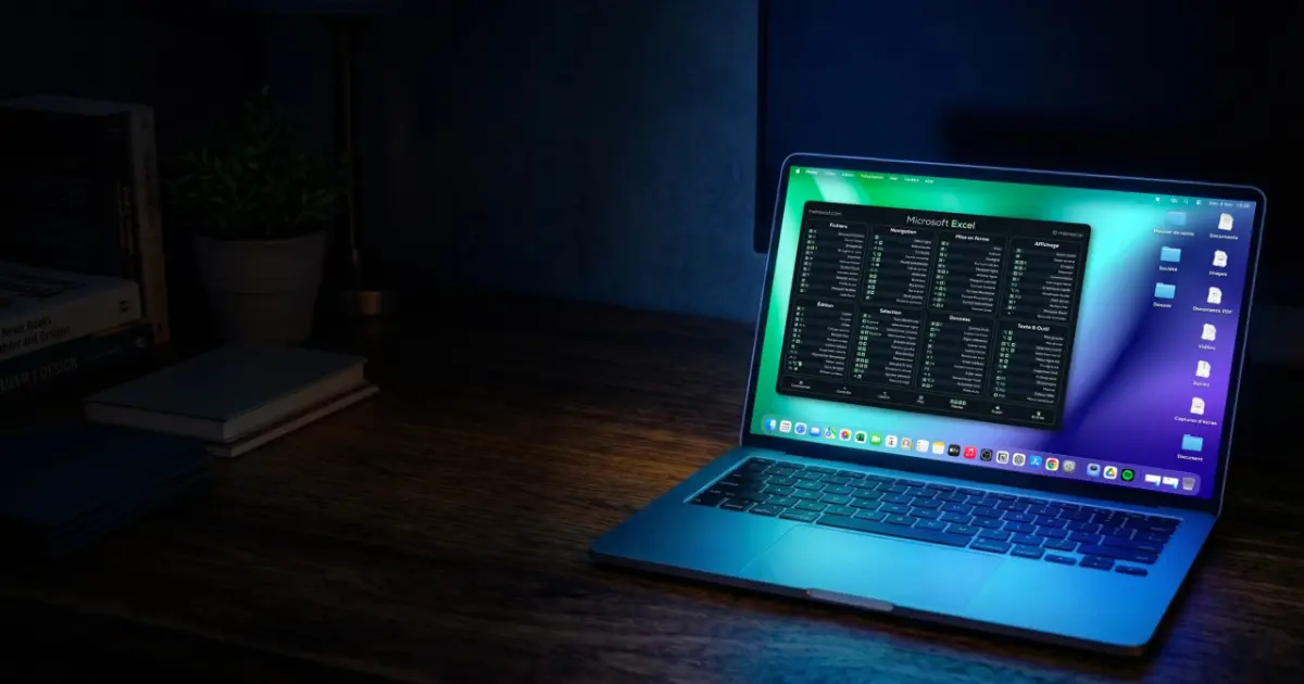 MacBook affichant le fond d'écran de raccourcis clavier Excel Memocut sur le bureau