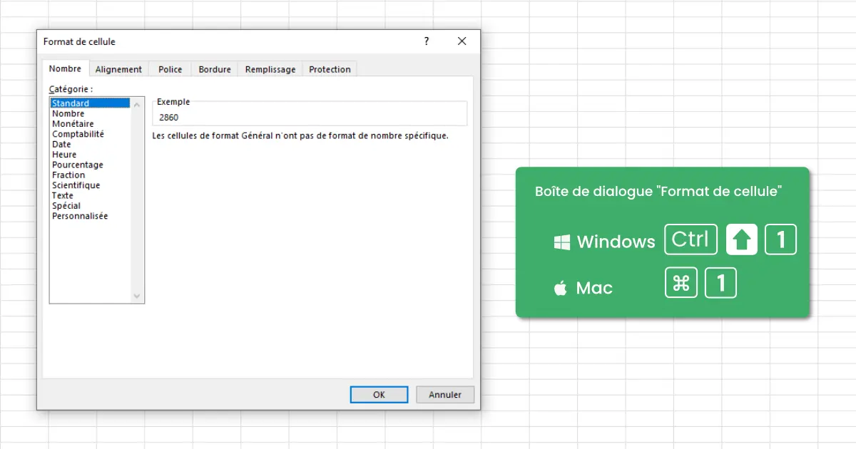 Boîte de dialogue Format de cellule dans Excel avec le raccourci Ctrl+Maj+1 sur Windows et Cmd+1 sur Mac