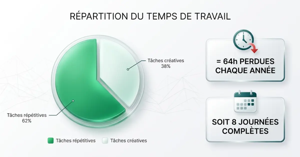Infographie répartition du temps de travail : 62% de tâches répétitives, 64 heures perdues par an soit 8 journées complètes