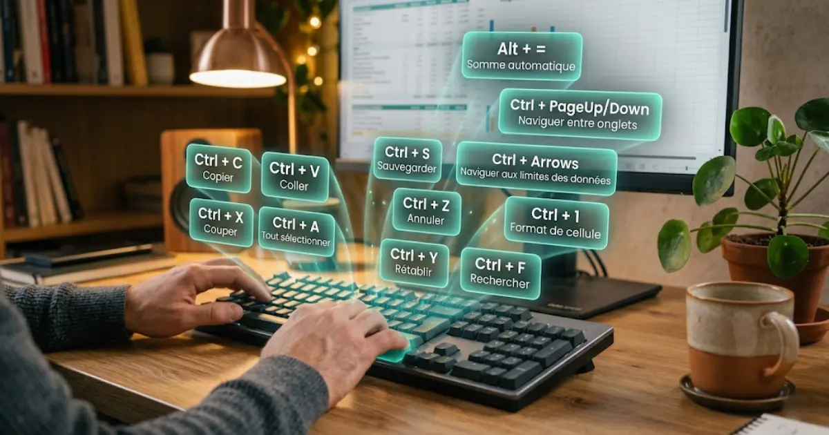 Les raccourcis clavier Excel essentiels affichés au-dessus d'un clavier : Ctrl+C, Ctrl+V, Ctrl+Z, Ctrl+S, Alt+=, Ctrl+F et les raccourcis de navigation