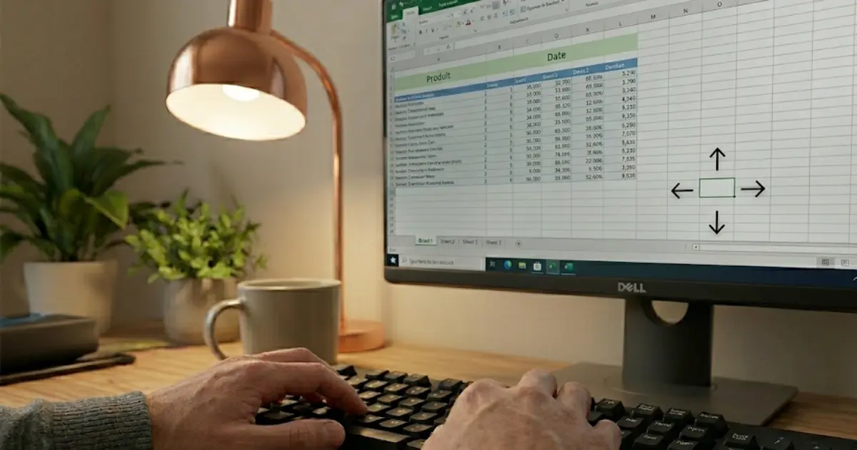 Mains sur un clavier devant un tableur Excel avec les flèches de navigation Ctrl+Flèche