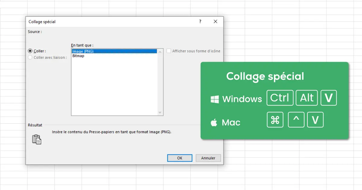 Menu collage spécial dans Excel avec les raccourcis Windows Ctrl+Alt+V et Mac Cmd+Ctrl+V